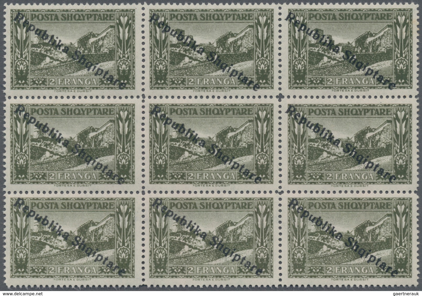 Albanien: 1922, Definitive Issue 2fr. Olive ‚Durres Fortress‘ With Diagonal Black Opt. ‚Republika Sh - Albanien