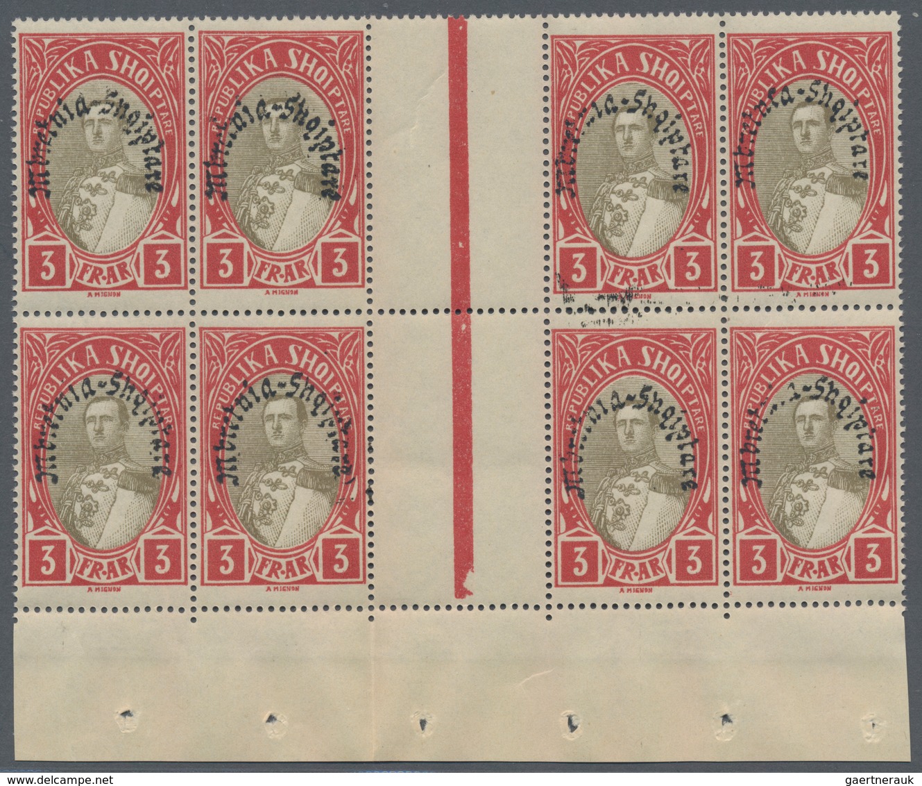 Albanien: 1928, Unissued King Zogu Stamp 3fr. Carmine/olive-brown With Opt. ‚Mbretnia Shqiptare‘ In - Albania