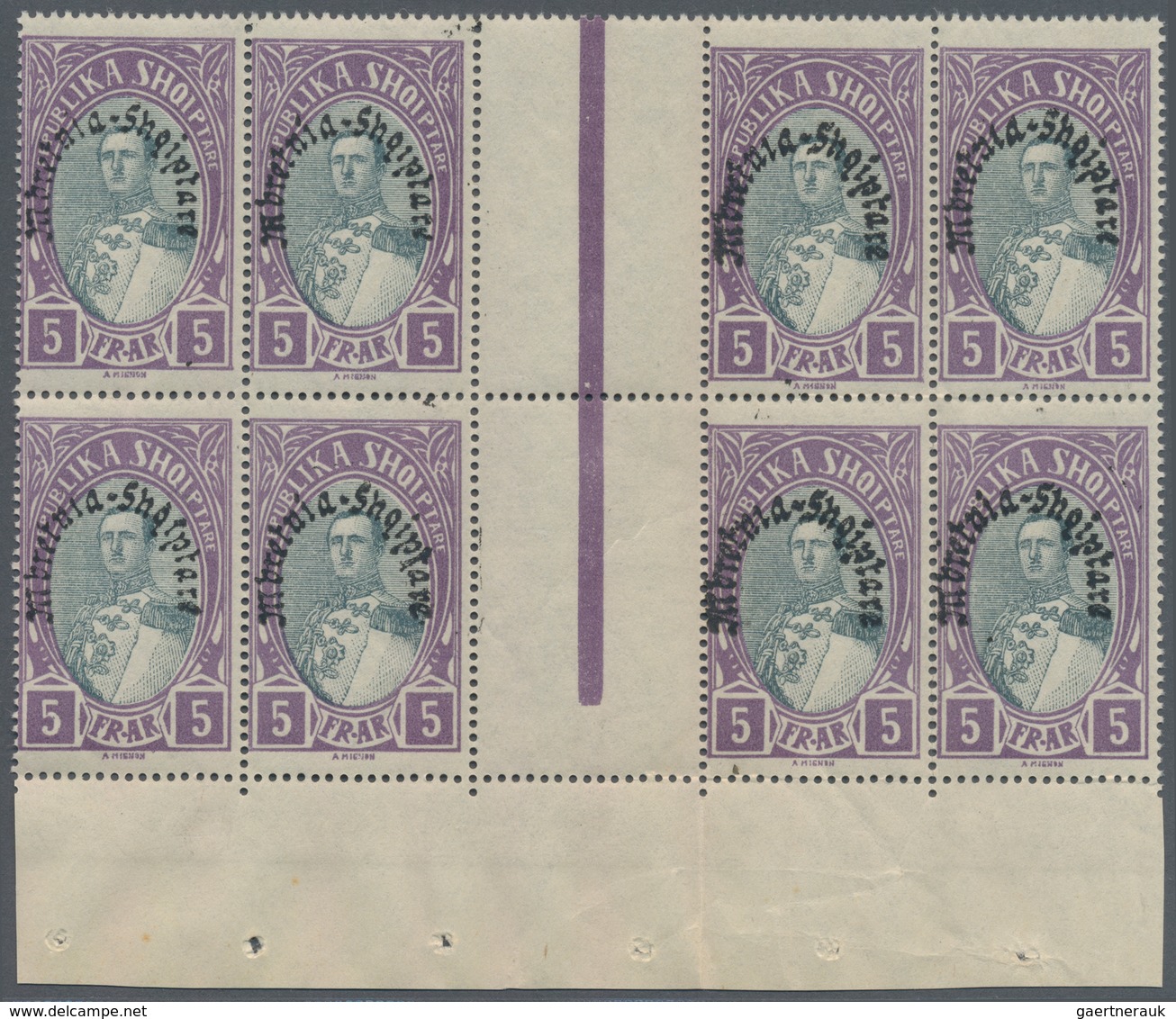 Albanien: 1928, Unissued King Zogu Stamp 5fr. Violet/grey With Opt. ‚Mbretnia Shqiptare‘ In A Lot Wi - Albanien