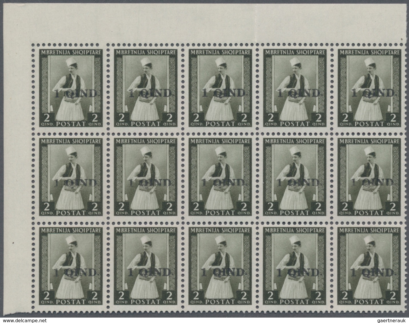 Albanien: 1942, Tosk Mens Costums 2q. Brownish-olive Surch. ‚1 QIND.‘ In A Lot With About 390 Stamps - Albania