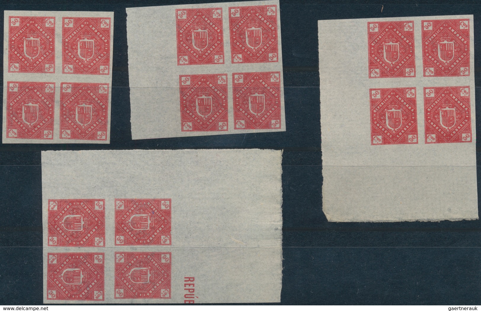 Andorra - Spanische Post: 1896, unissued local issue ‚coat of arms‘ 16 sets of 12 in IMPERFORATED bl