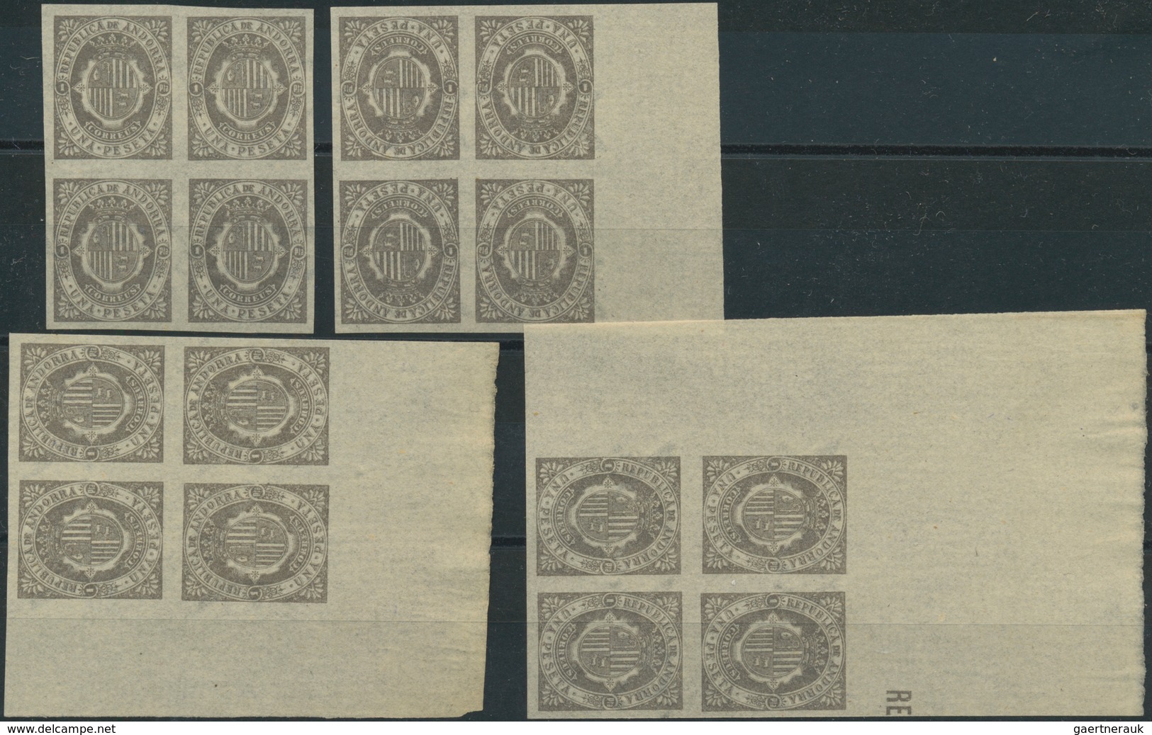 Andorra - Spanische Post: 1896, unissued local issue ‚coat of arms‘ 16 sets of 12 in IMPERFORATED bl