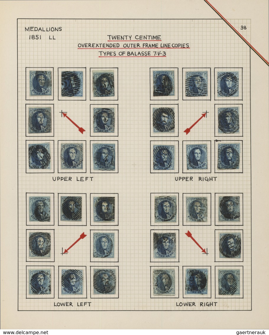 Belgien: 1851/1854, 20c. Blue, Group Of 32 Used Copies With Retouched (extended) Frame Lines In Corn - Collezioni