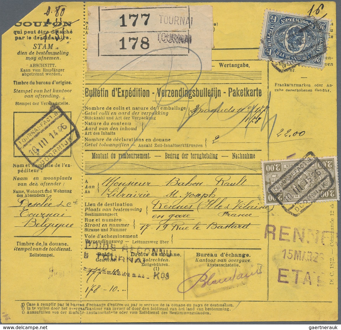 Belgien - Eisenbahnpaketmarken: 1925/1926, 70 Parcel Cards To France, All Franked With Train Parcel - Bagagli [BA]