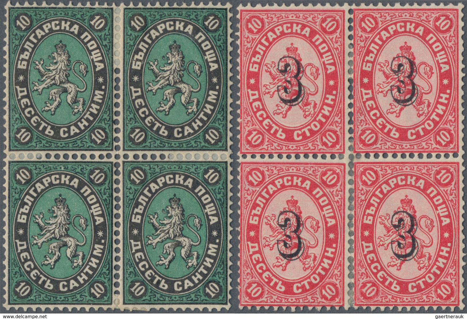 Bulgarien: 1879/1884, Two Blocks Of Four: 1879 10c. Black/green And 1884 Overprint 3 On 10st.rose, M - Cartas & Documentos