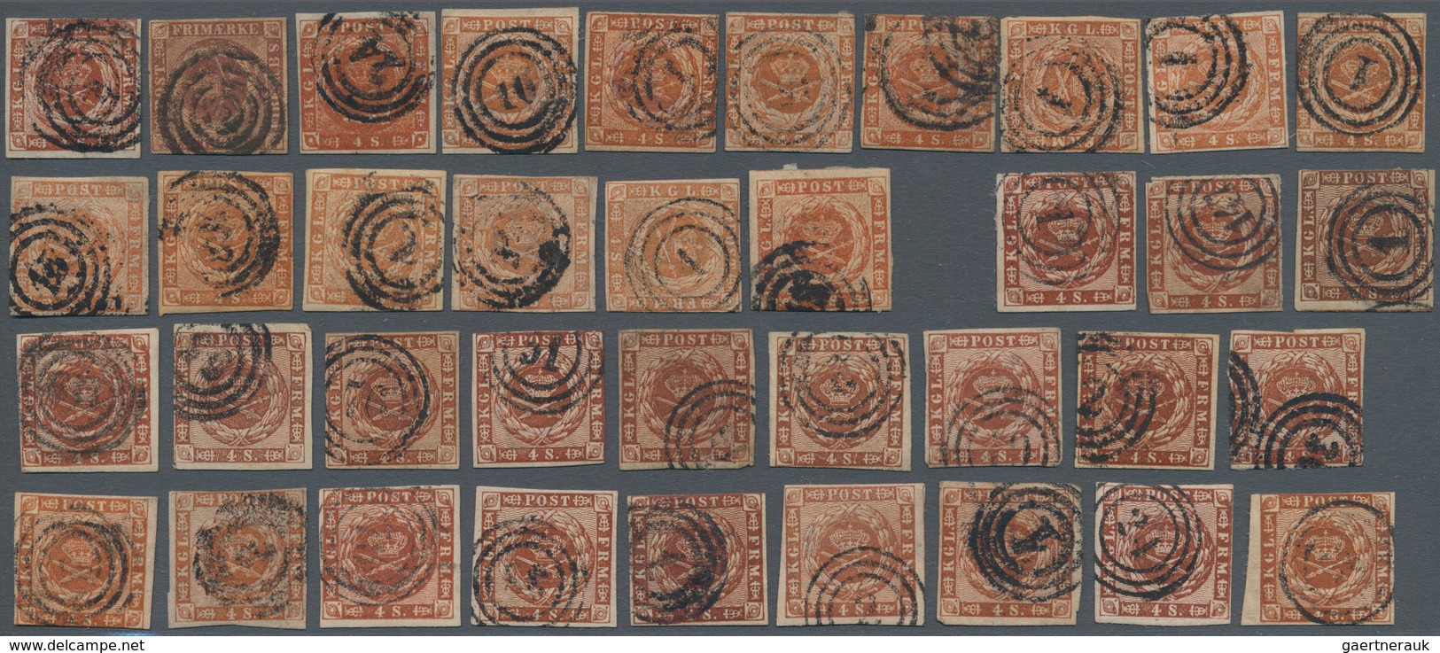 Dänemark: 1854-62, Group Of 73 Used Stamps Of 4s., With 16 From The 1854-57 Issues And 57 Of 1858-62 - Storia Postale