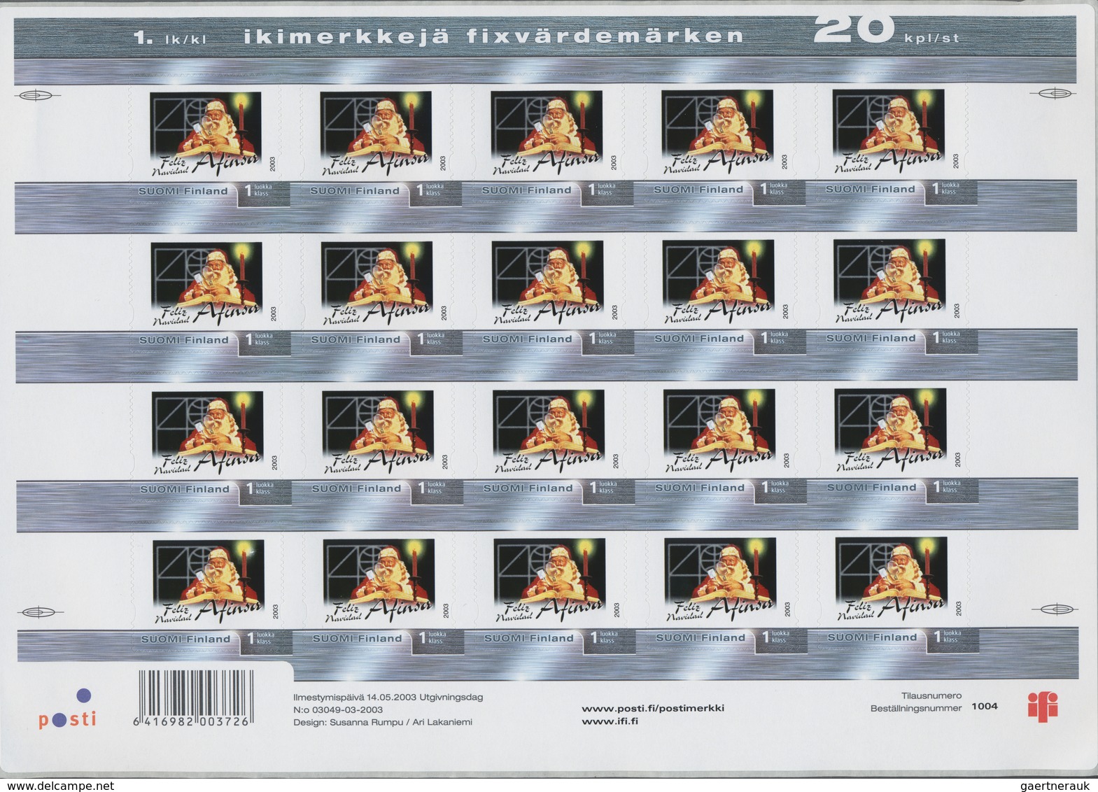 Finnland: 2003, Santa Claus - Afinsa, 100 Sheets Of 20 Self-adhesive Stamps. In Total 2000 Stamps Wi - Gebraucht