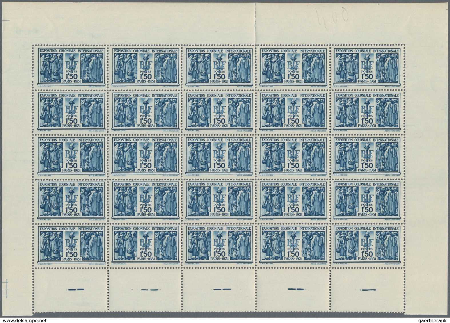 Frankreich: 1931, Colonial Exhibition, 1.50fr. Blue, Lot Of 50 Stamps (two Panes Of 25), Mint Never - Collections