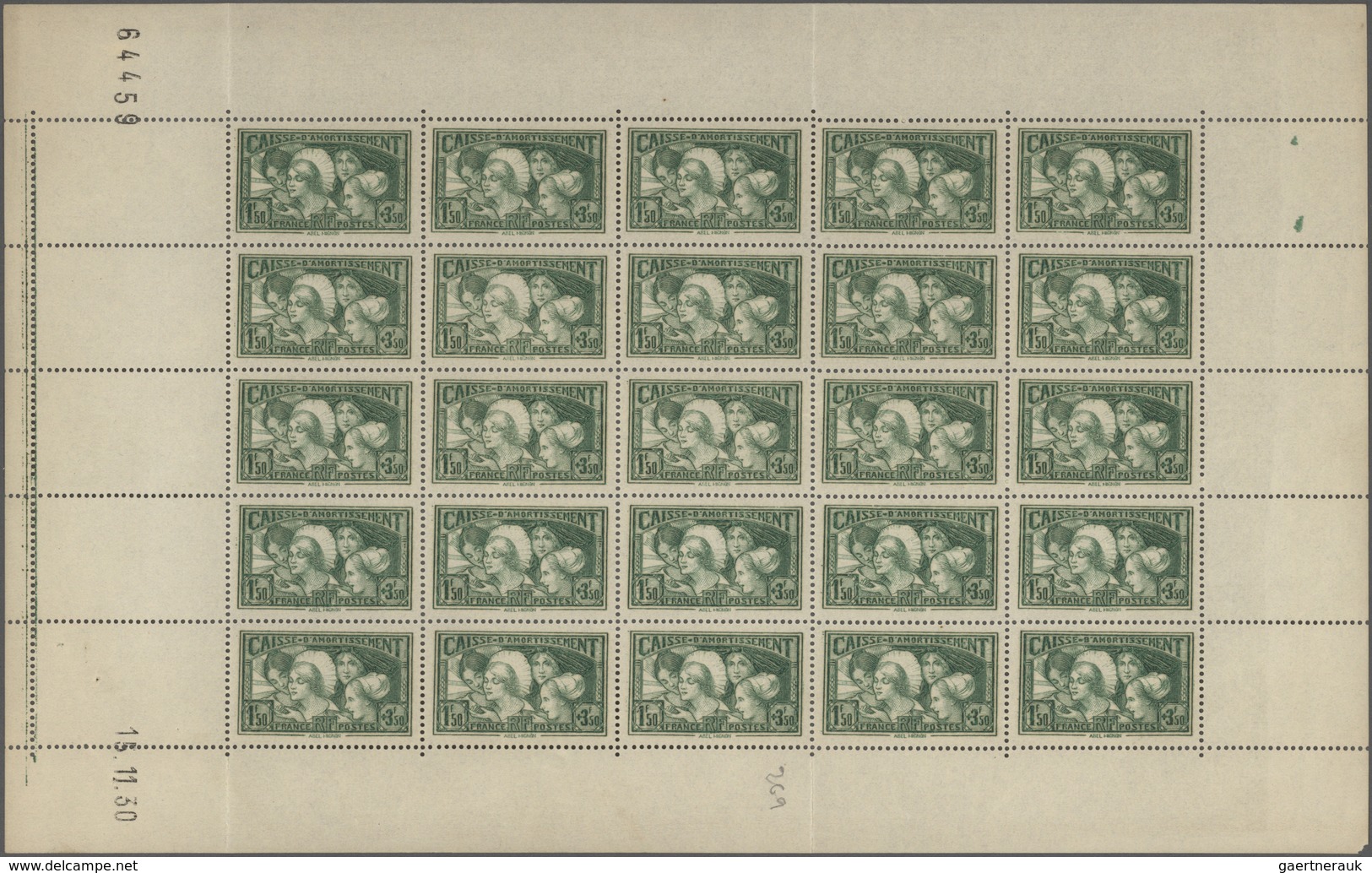Frankreich: 1931, National Debt Fund, 1.50fr. Deep Yellow-green, Complete Sheet Of 25 Stamps (folded - Sammlungen