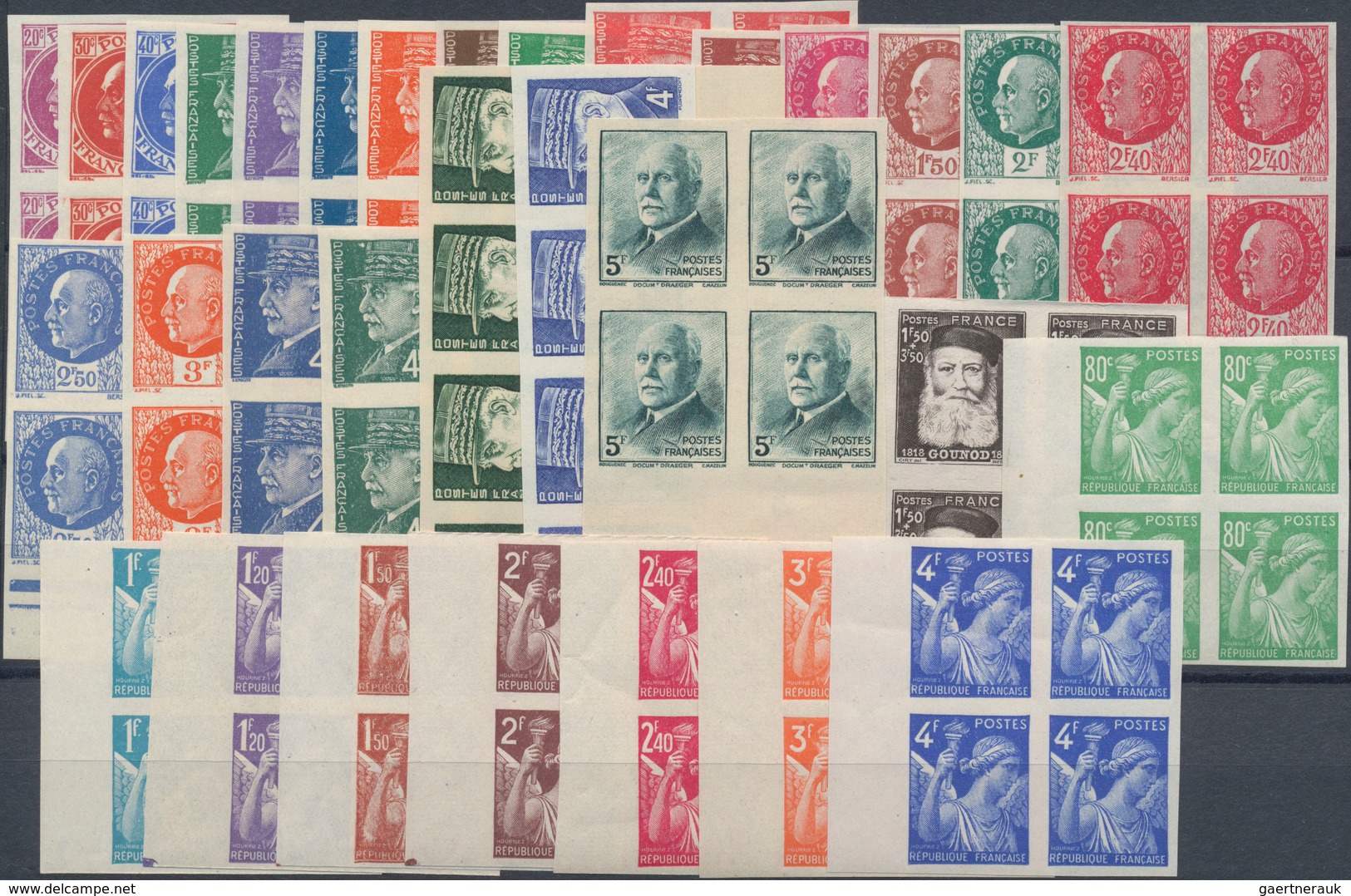 Frankreich: 1941/1974, IMPERFORATE ISSUES, MNH Collection Of Imperforate Blocks Of Four, Well Sorted - Colecciones Completas