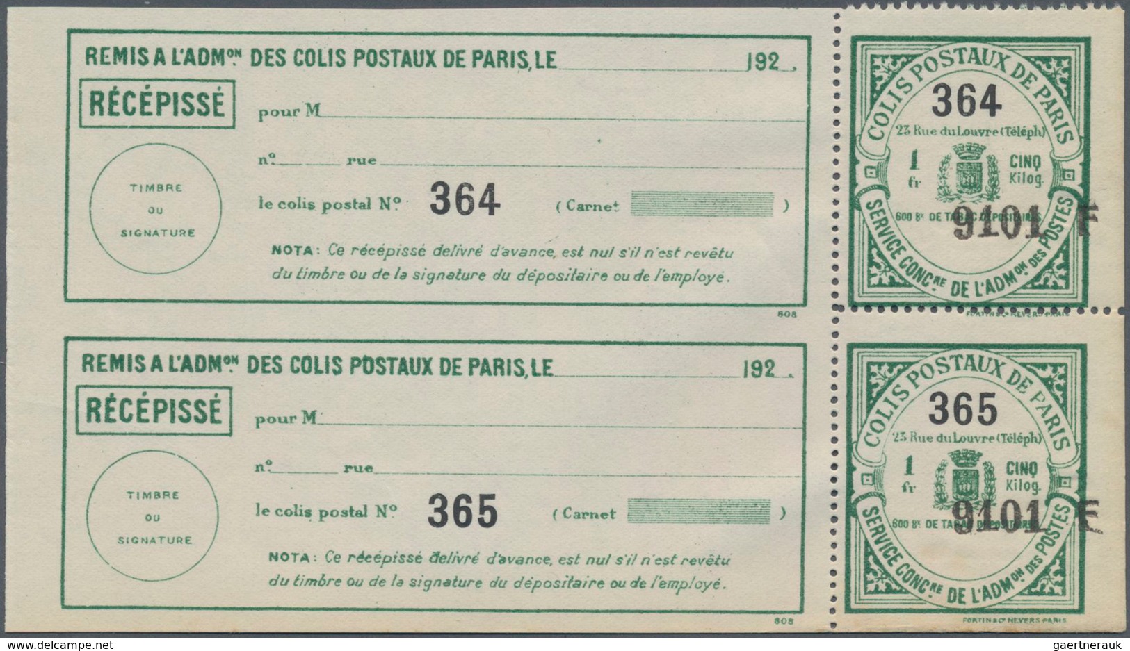 Frankreich - Postpaketmarken: PARCEL POST PARIS: 1924, Two-part Coupon 'COLIS POSTAUX DE PARIS' (arm - Otros & Sin Clasificación