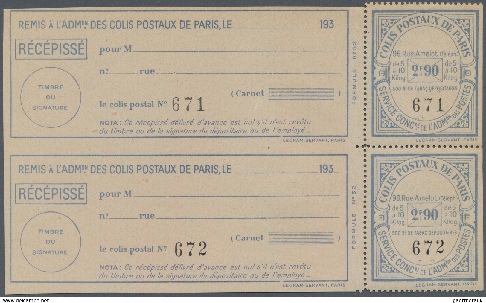Frankreich - Postpaketmarken: 1930, Two-part Coupon 'COLIS POSTAUX DE PARIS' 2F.90 Blue For Parcels - Other & Unclassified
