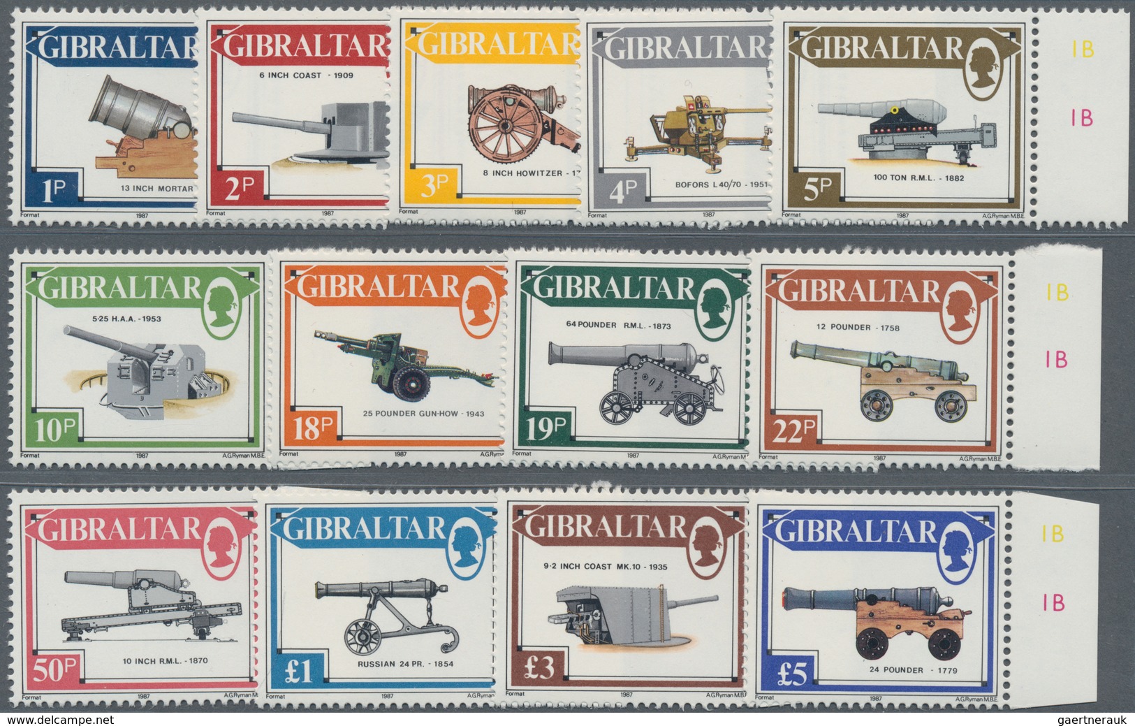 Gibraltar: 1987, Definitives 'Heavy Artillerie' Complete Set Of 13 From 1p. To £5 In An INVESTMENT L - Gibraltar