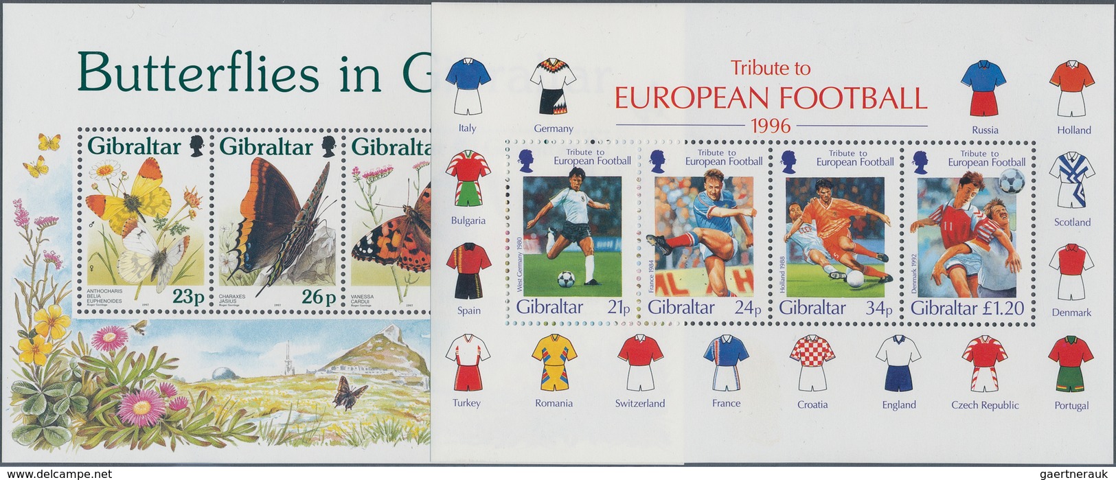 Gibraltar: 1993/1998, Stock Of Mostly Souvenir And Minature Sheets Mint Never Hinged In Varying Quan - Gibraltar