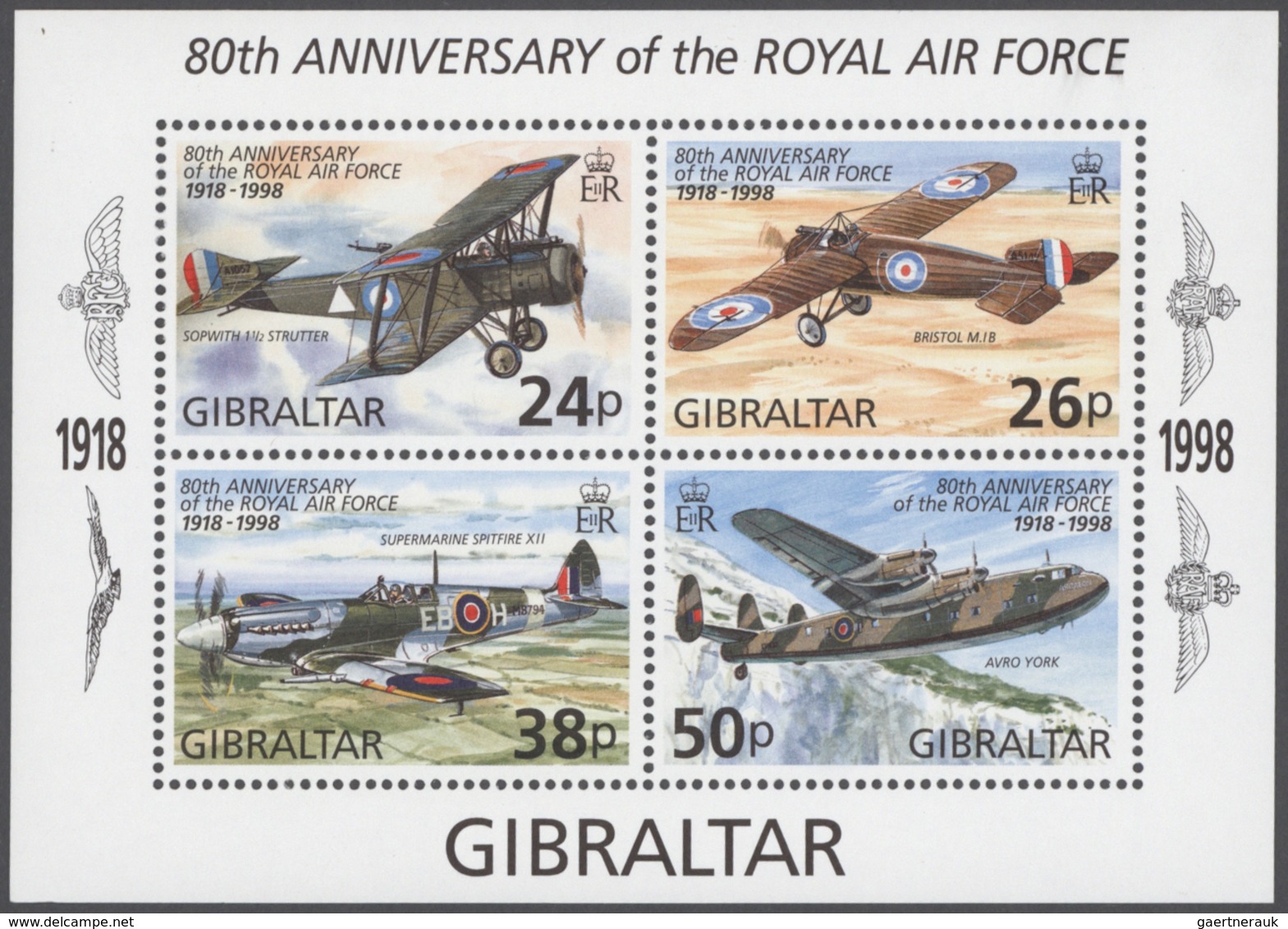 Gibraltar: 1998, 80 Years Of Royal Air Force (historical Plains), 1100 Copies Of The Souvenir Sheet - Gibraltar