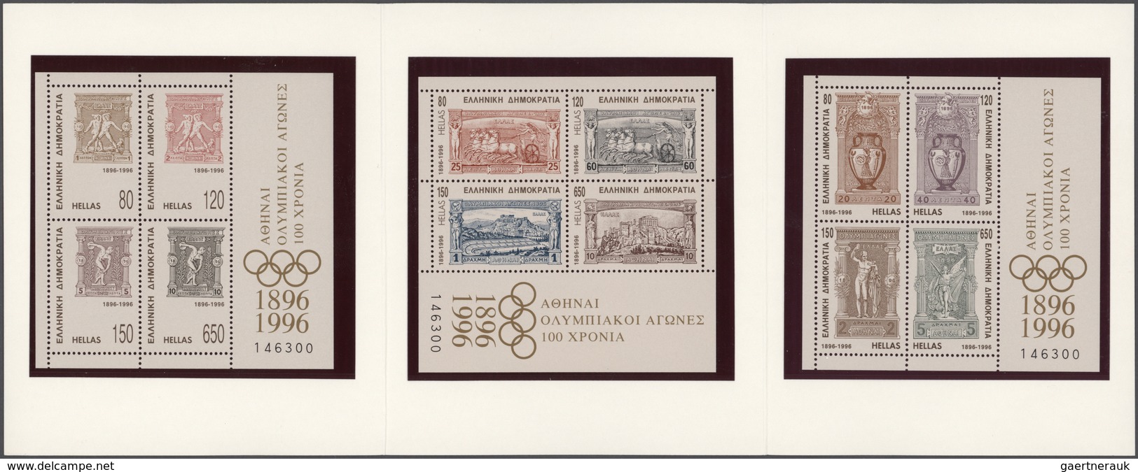 Griechenland: 1996, 100 Years Of Modern Olympic Games, Three Souvenir Sheets MNH In A Souvenir Folde - Gebraucht
