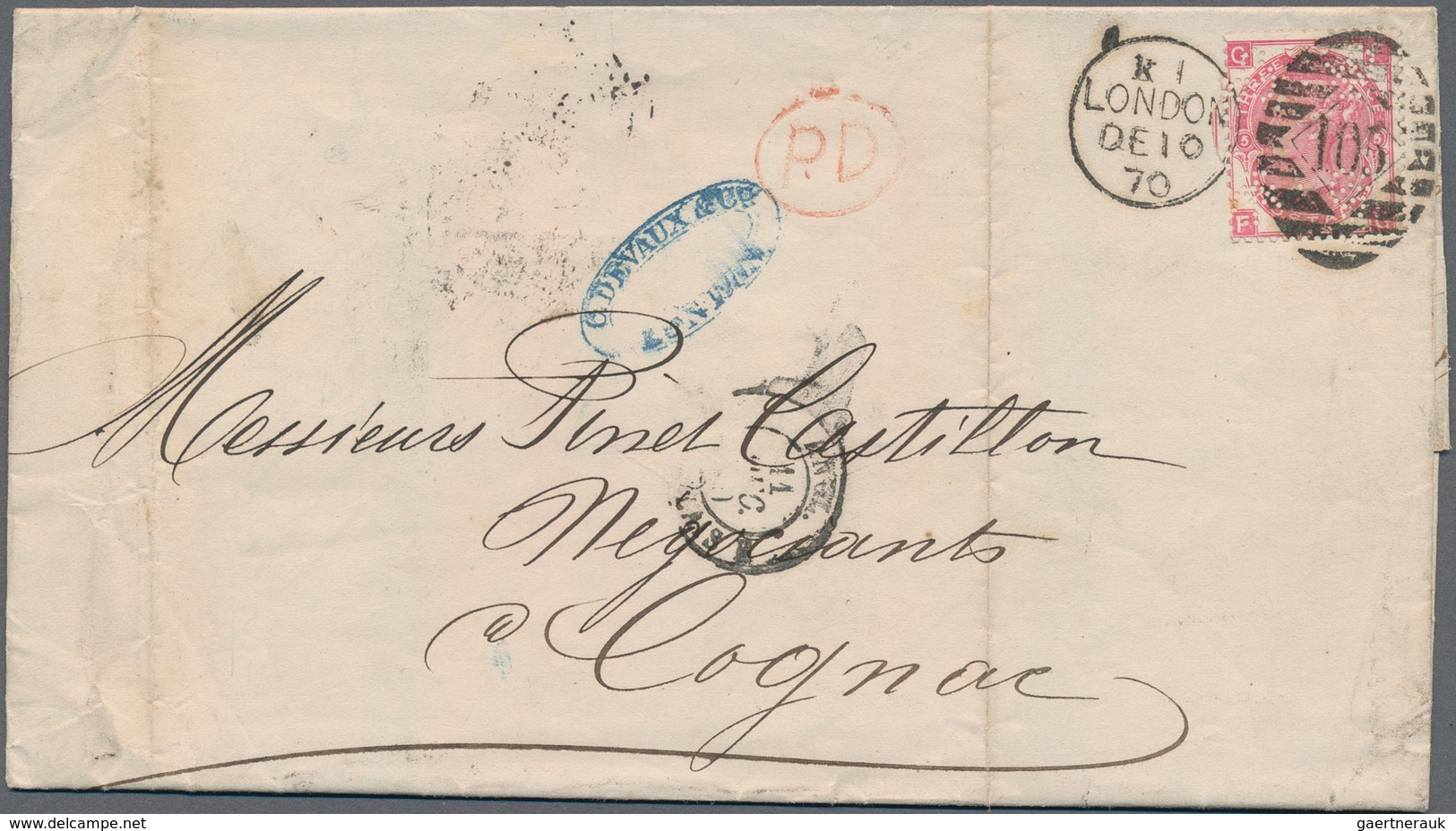 Großbritannien: 1870/1871, Perfins"C.DEVAUX&CO LONDON", Group Of 20 Lettersheets To France Bearing 3 - Otros & Sin Clasificación