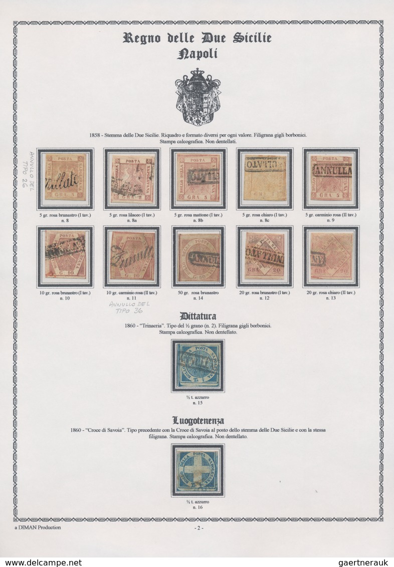 Italien - Altitalienische Staaten: Neapel: 1858/1860, Used Collection Of 36 Stamps On Written Up Alb - Nápoles