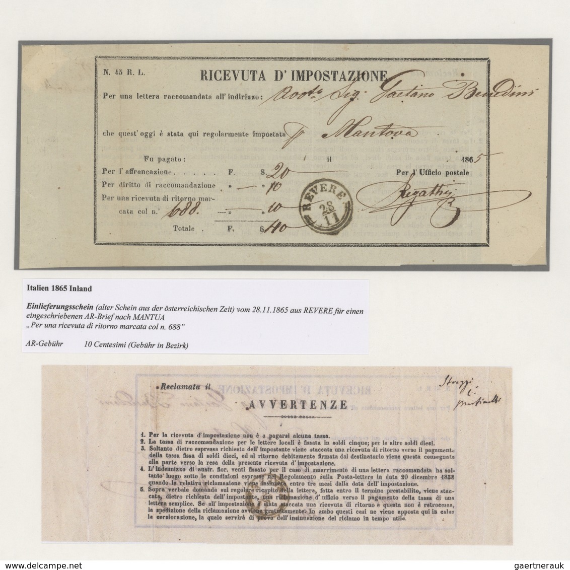 Italien: 1865/1964, AVIS DE RECEPTION, Specialised Collection Of Apprx. 67 Entires (covers/cards/for - Colecciones