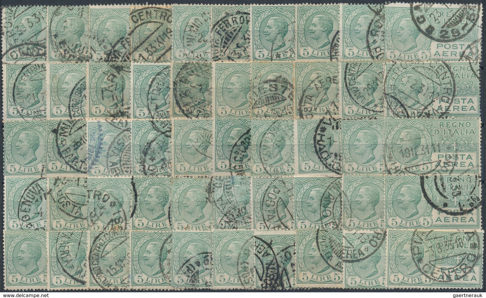 Italien: 1931, Air Mail 5,00 Lire Green, 50 Stamps Used, Sassone Catalogue Value 6.750,- - Colecciones