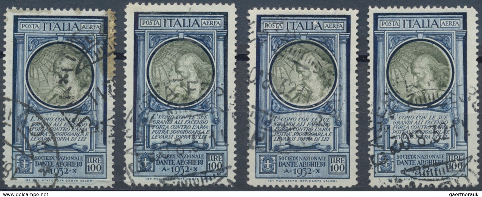 Italien: 1932, Dante Air Mail 100 Lire 4 Used Stamps, One Faults. Sassone Catalogue Value 5.600,- - Sammlungen