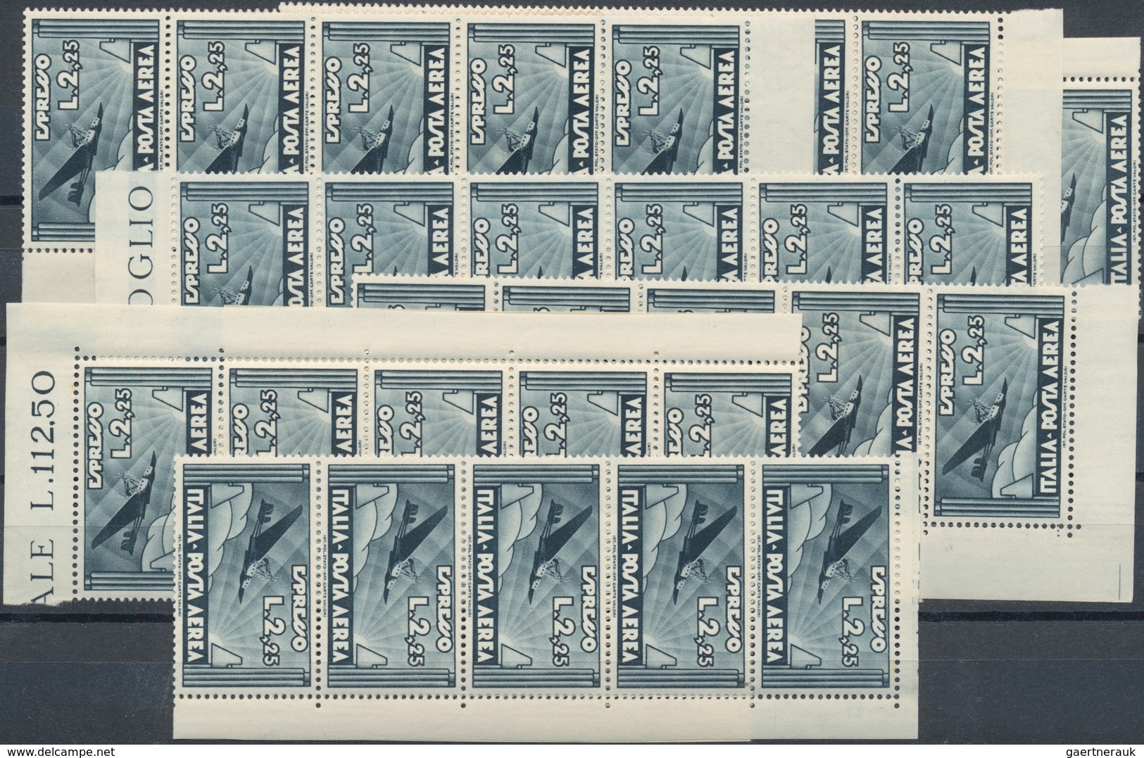 Italien: 1933, Air Mail Issue 2,25 Lire Slate, 600 Stamps In Mint Never Hinged Large Blocks And Stri - Lotti E Collezioni