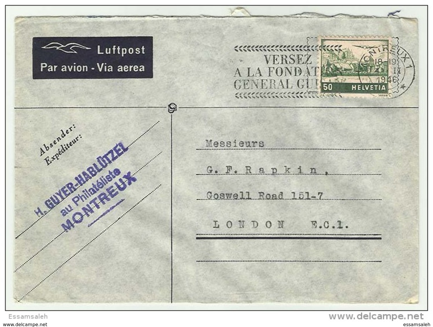 CHS14550 Switzerland 1946 Montreux Cover Tied Airmail 50c With Slogan To London GB - Other & Unclassified