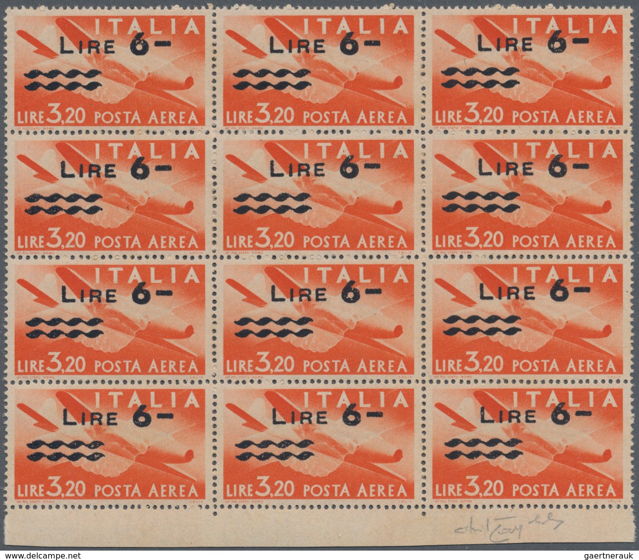 Italien: 1947, Airmail Stamp 3.20l. Red-orange (airplane Caproni-Campin: N-1) Surch. 'LIRE 6-' With - Lotti E Collezioni