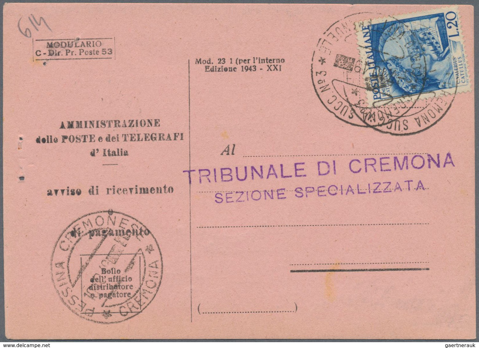 Italien: 1948/1951: Lot Of 12 Reciept For Registered Letters ("AR"), All With Single Frankings Of Co - Colecciones