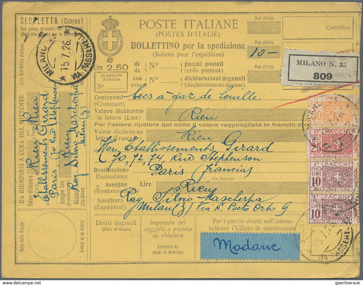 Italien - Paketmarken: 1925/1926, Ca. 87 Parcel Cards For Parcels Addressed To France. Interesting L - Paketmarken