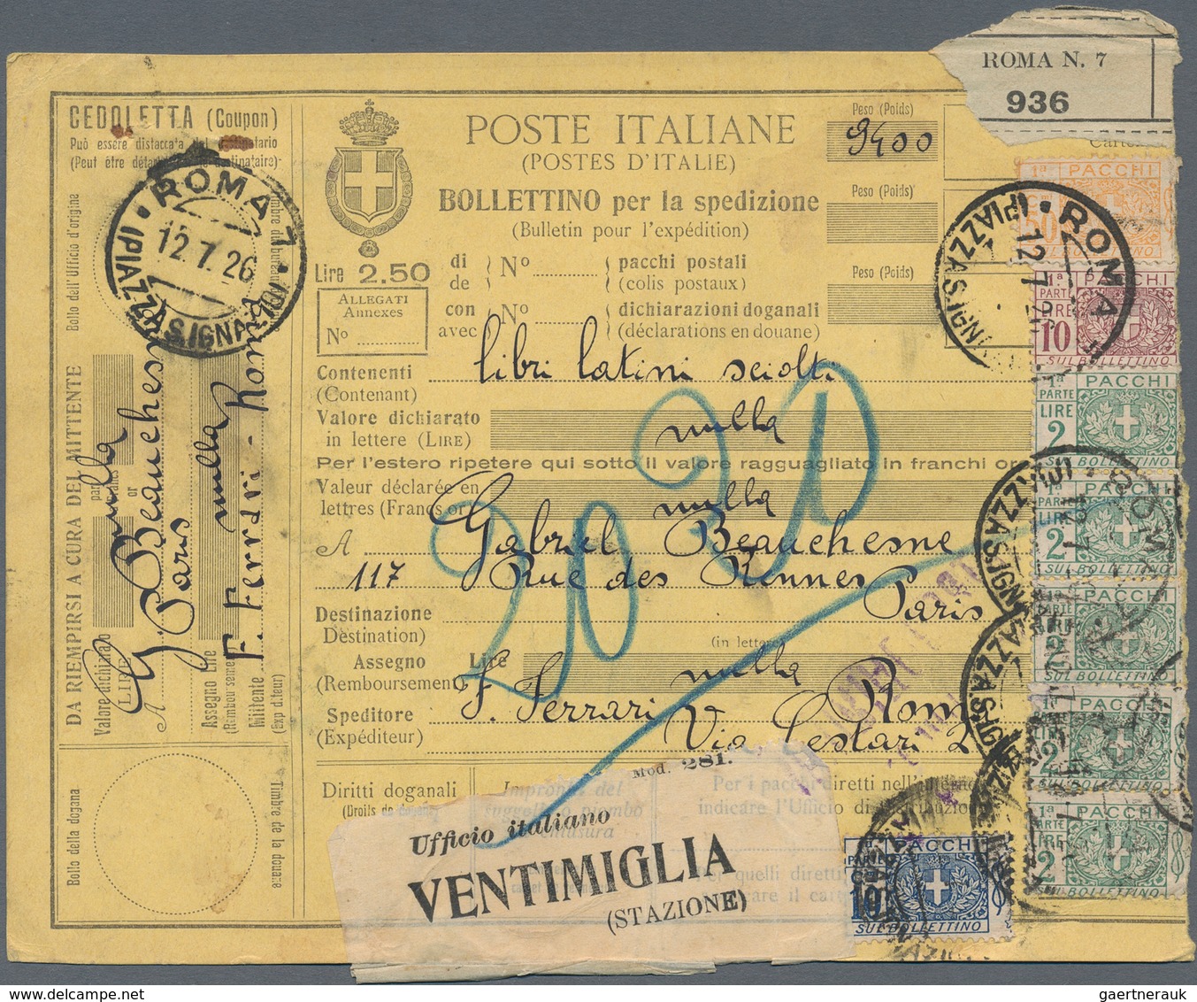 Italien - Paketmarken: 1925/1926, Ca. 87 Parcel Cards For Parcels Addressed To France. Interesting L - Paquetes Postales