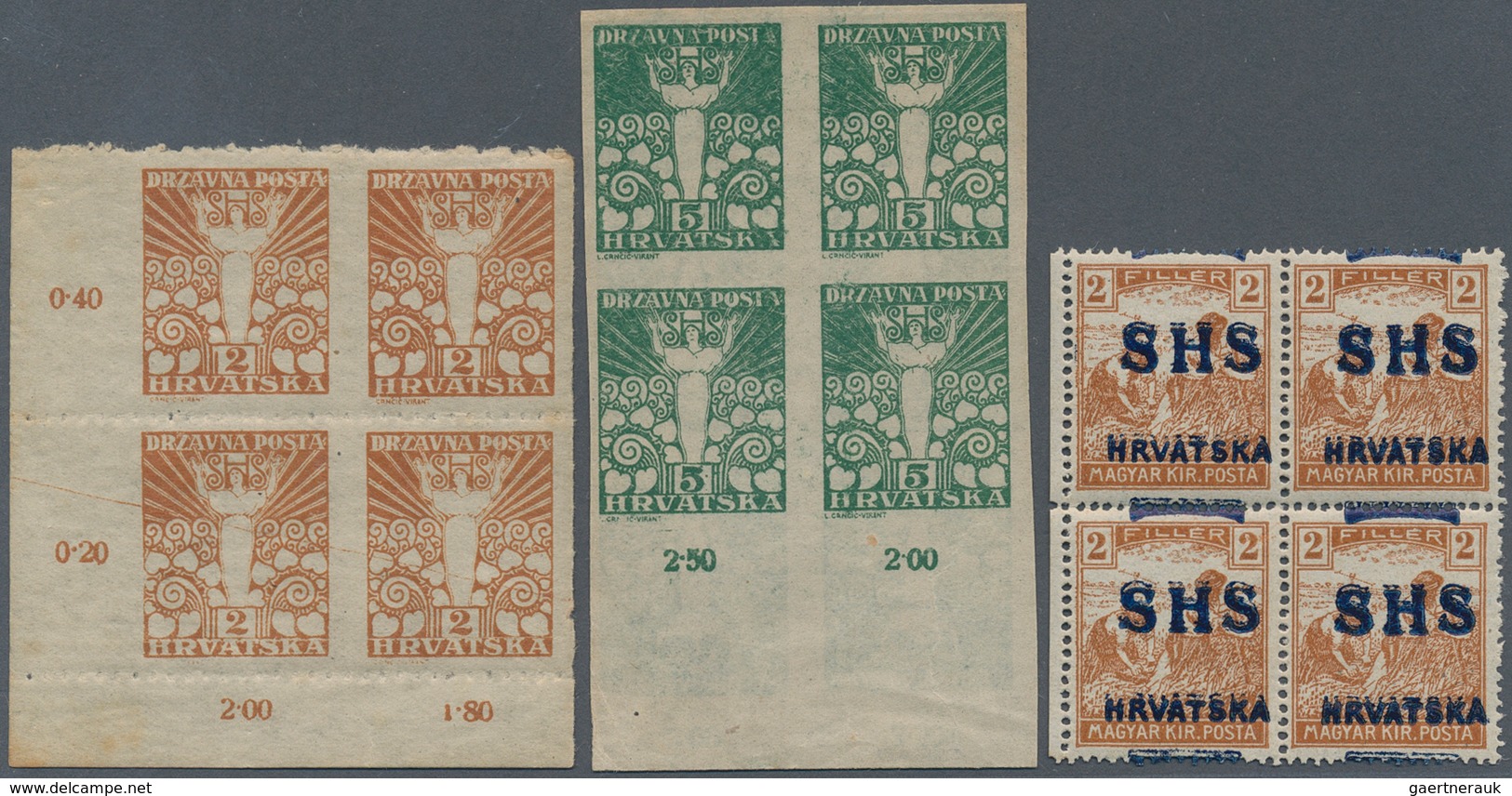 Jugoslawien: 1918/1919, Issues For Croatia, Mint Assortment Of 36 Stamps Within Multiples, Showing V - Cartas & Documentos