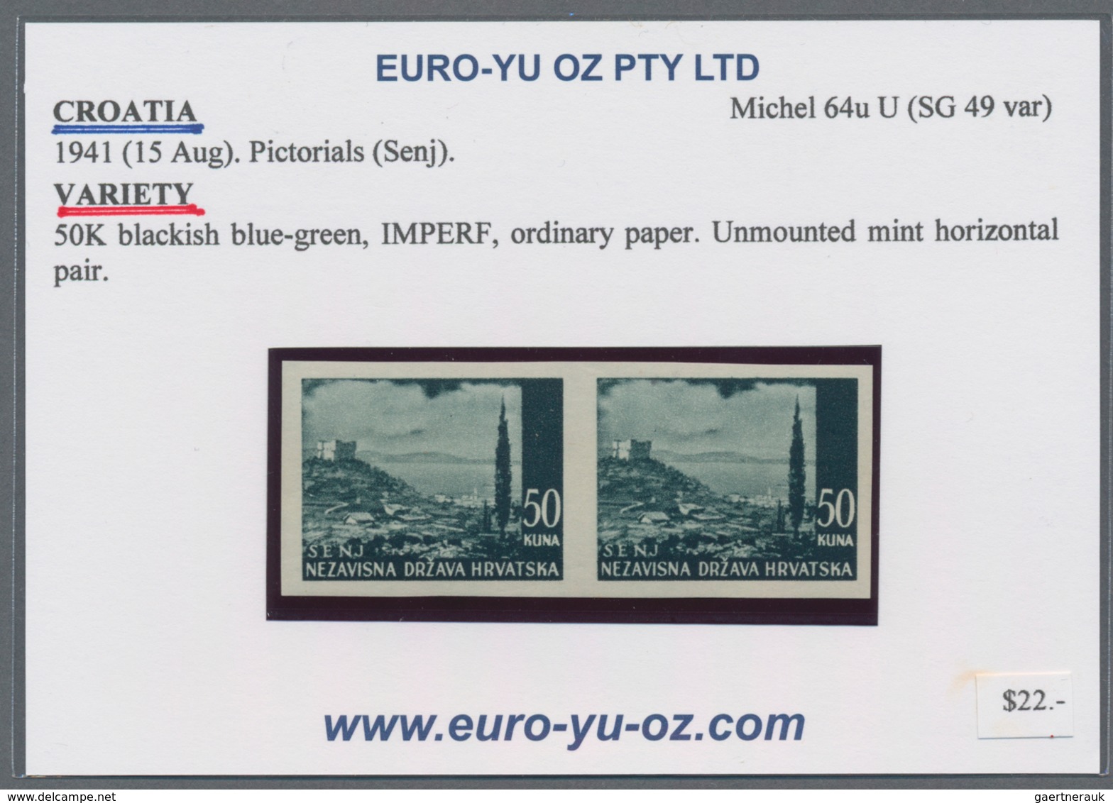 Kroatien: 1941/1942, Definitives "Pictorials", 50k. blackish green "Senj", specialised assortment of