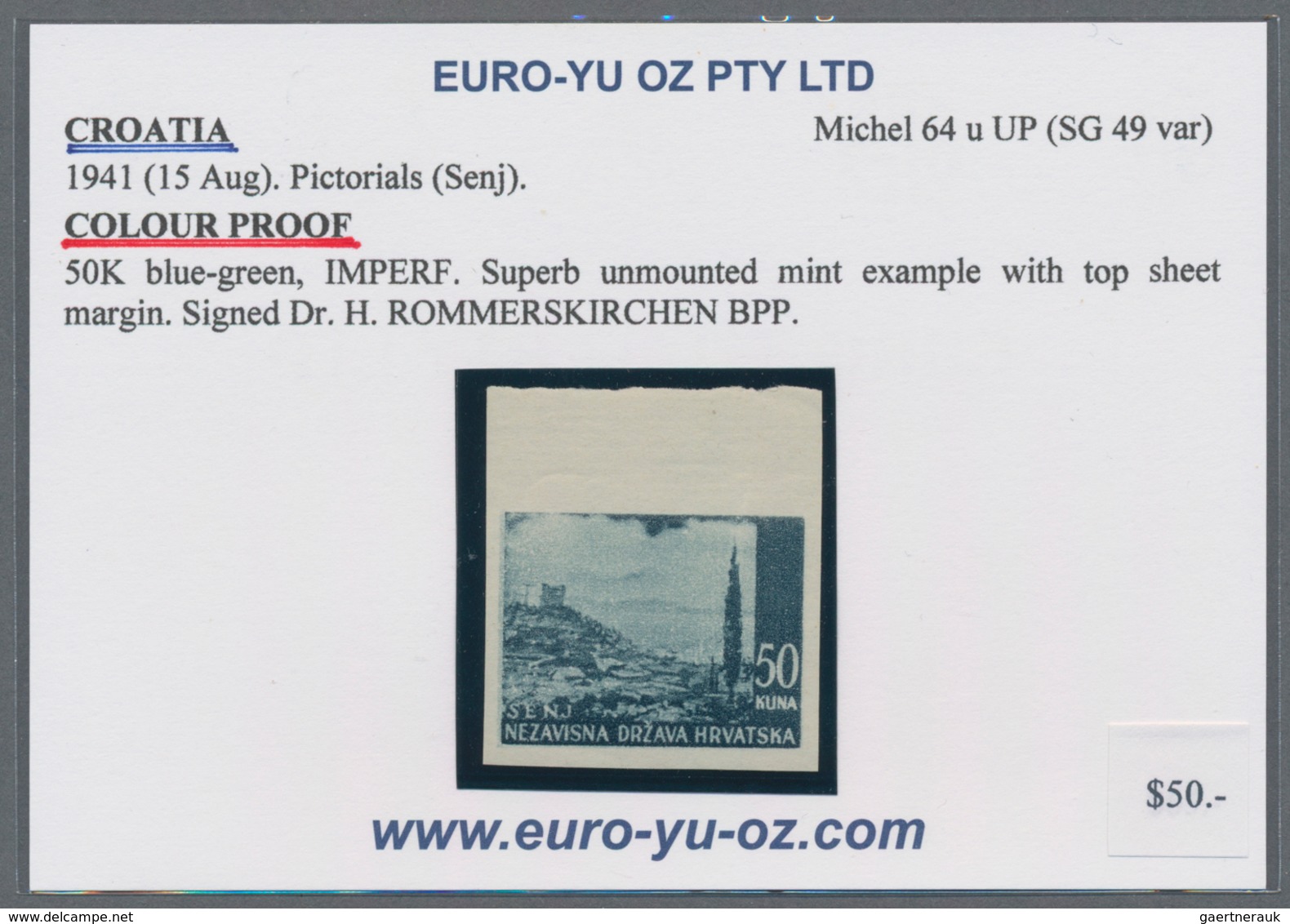 Kroatien: 1941/1942, Definitives "Pictorials", 50k. blackish green "Senj", specialised assortment of