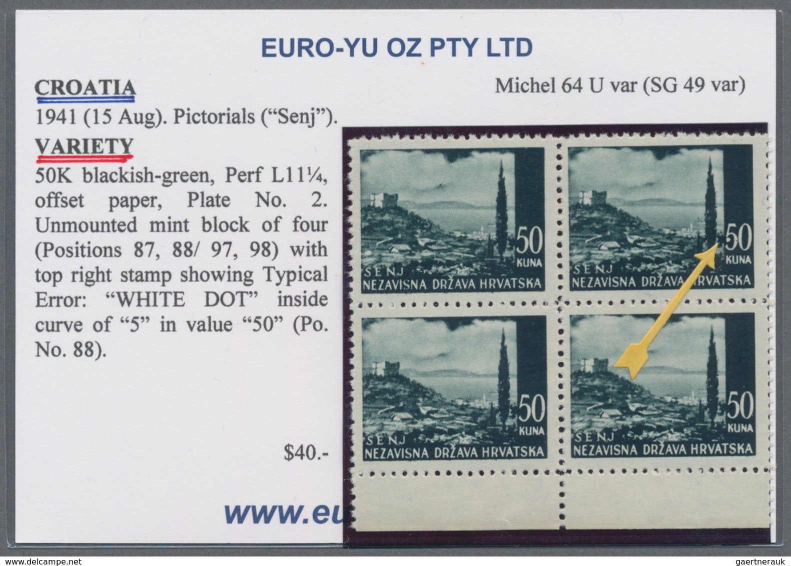 Kroatien: 1941/1942, Definitives "Pictorials", 50k. blackish green "Senj", specialised assortment of