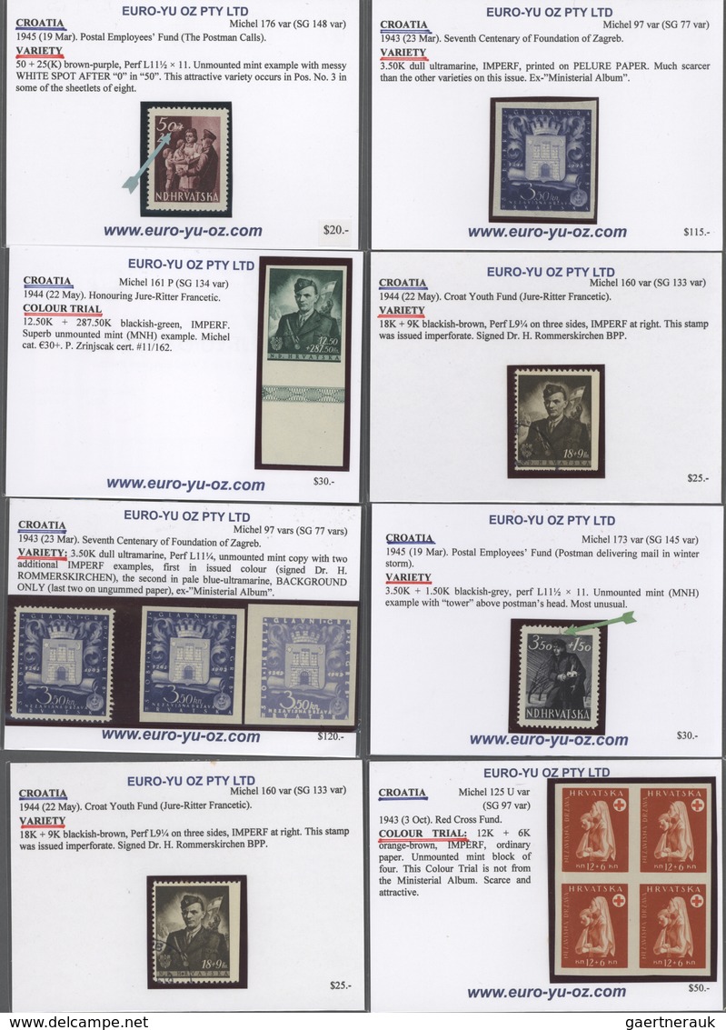 Kroatien: 1941/1945, mint assortment on retail cards, incl. a good range of specialities like imperf