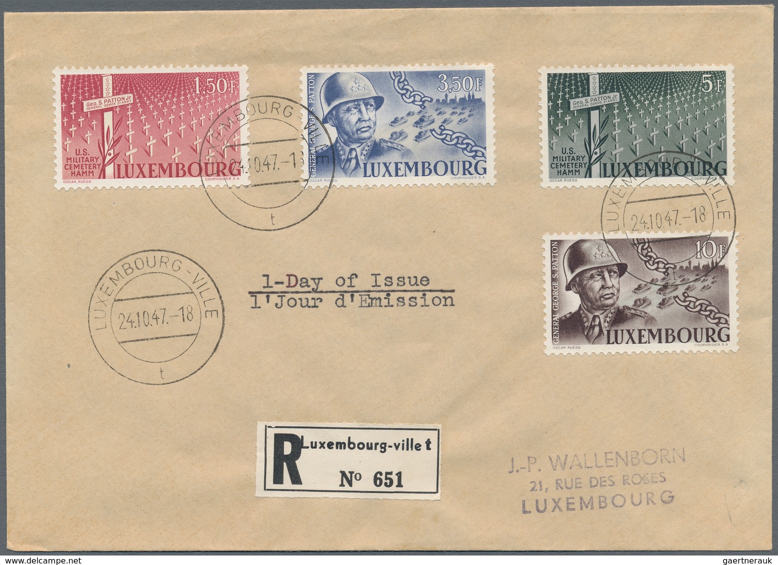 Luxemburg: 1947/1956, Lot Of Seven Better F.d.c.: 1947 Patton, 1947 Caritas, 1949 UPU (2), 1952 Cent - Sonstige & Ohne Zuordnung