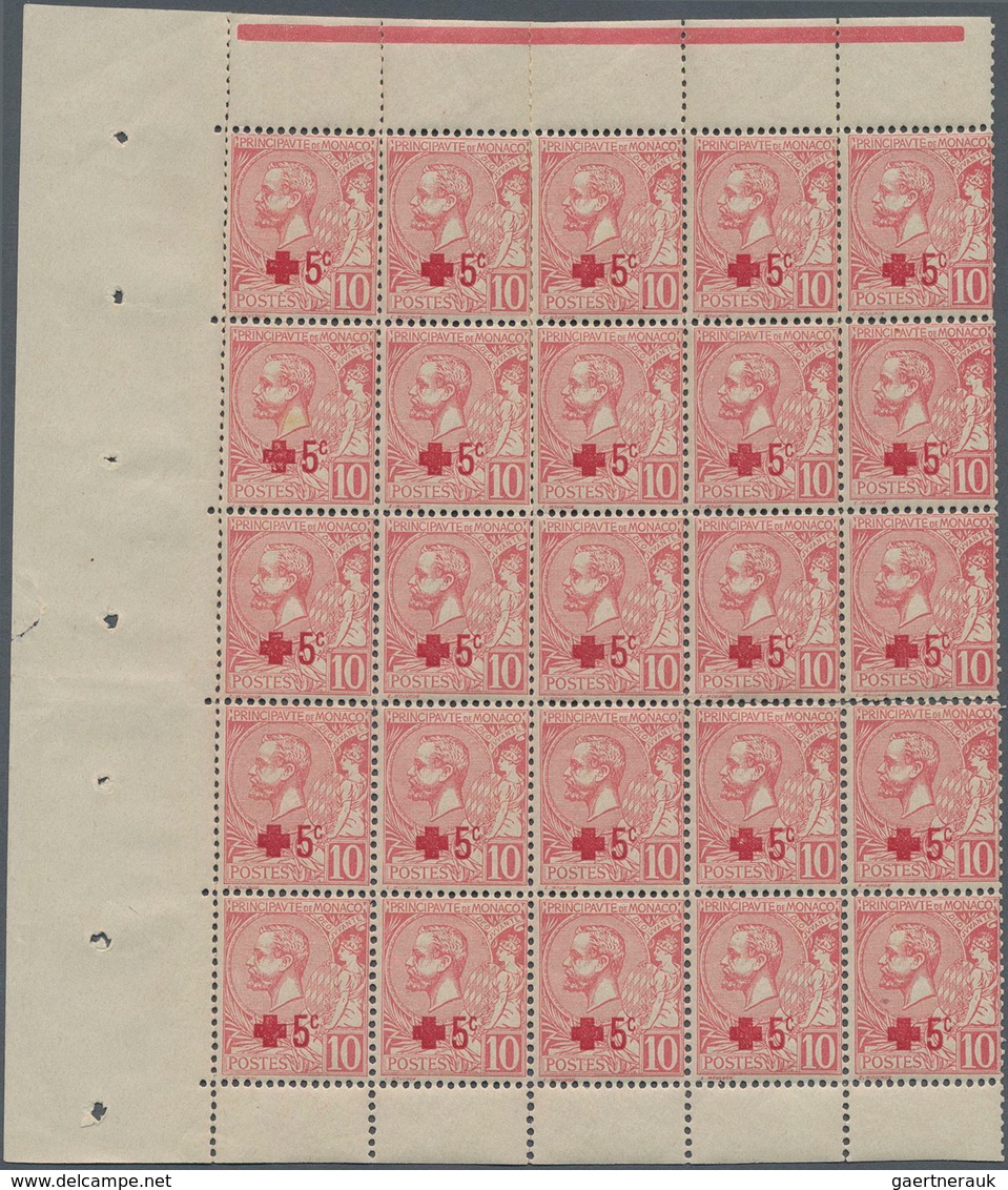 Monaco: 1914, Red Cross, 5c. On 10c. Rose, Three Panes Of 25 Stamps Each (=75 Stamps In Total), Unmo - Usados