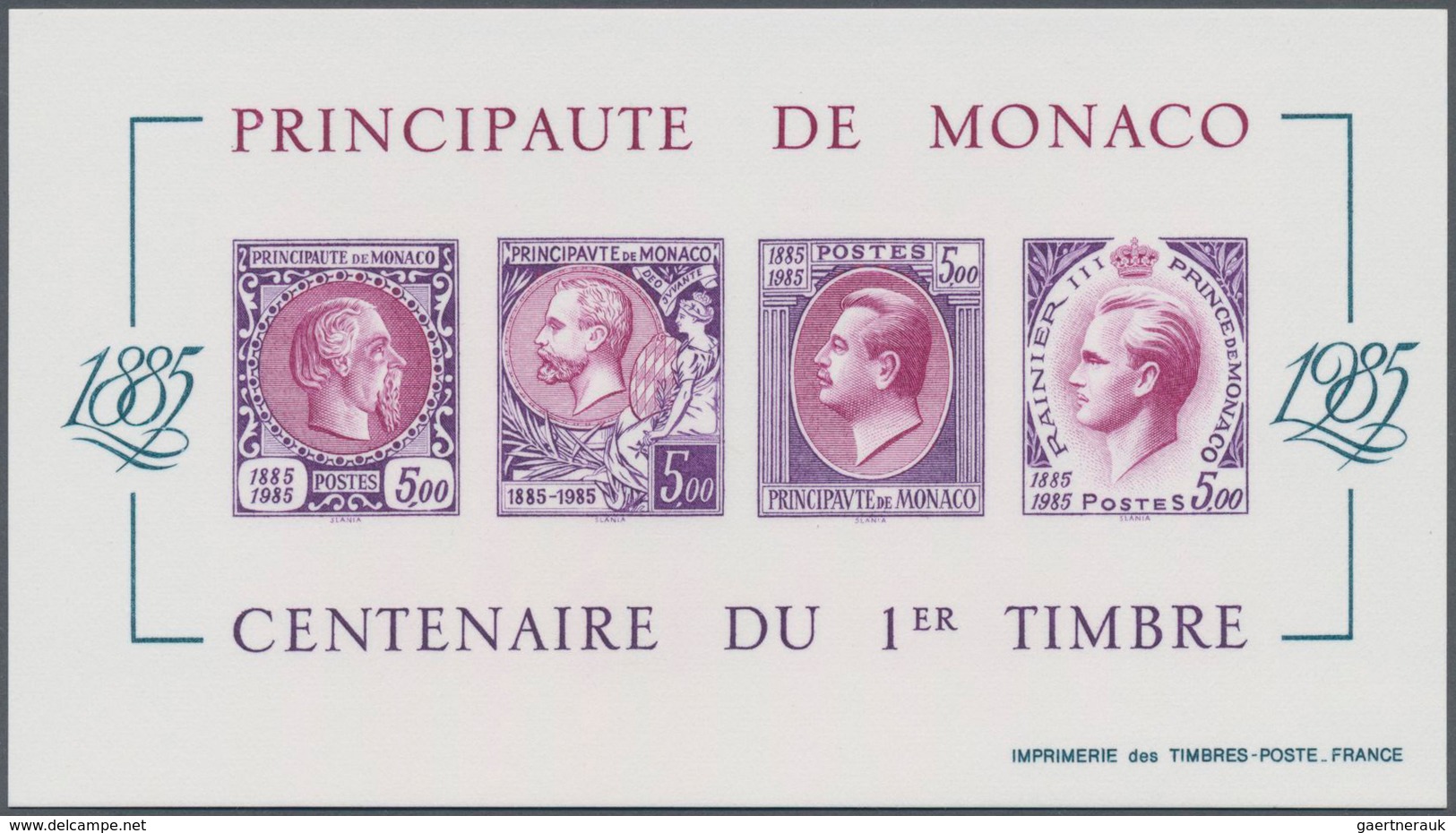 Monaco: 1985, Centenary Of Stamps In Monaco Lot With Ten IMPERFORATE Miniature Sheets (probably Proo - Gebraucht