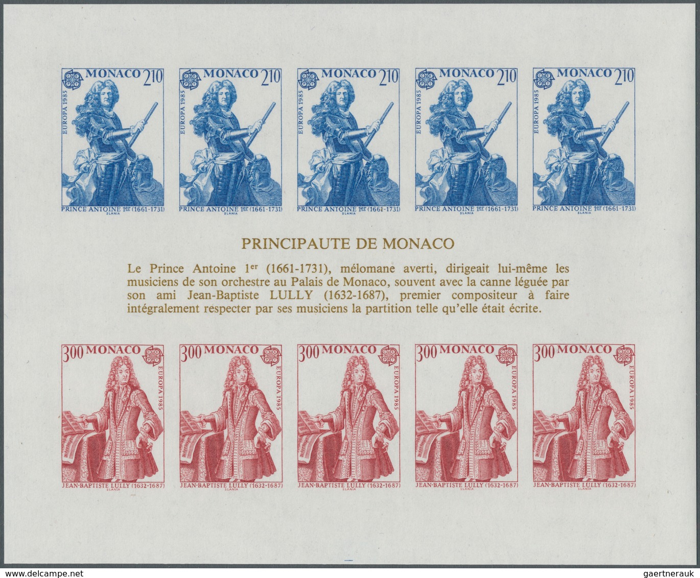 Monaco: 1985, Europa-Cept, Souvenir Sheet IMPERFORATE, 100 Pieces Unmounted Mint. Maury 1494A Nd (10 - Gebruikt