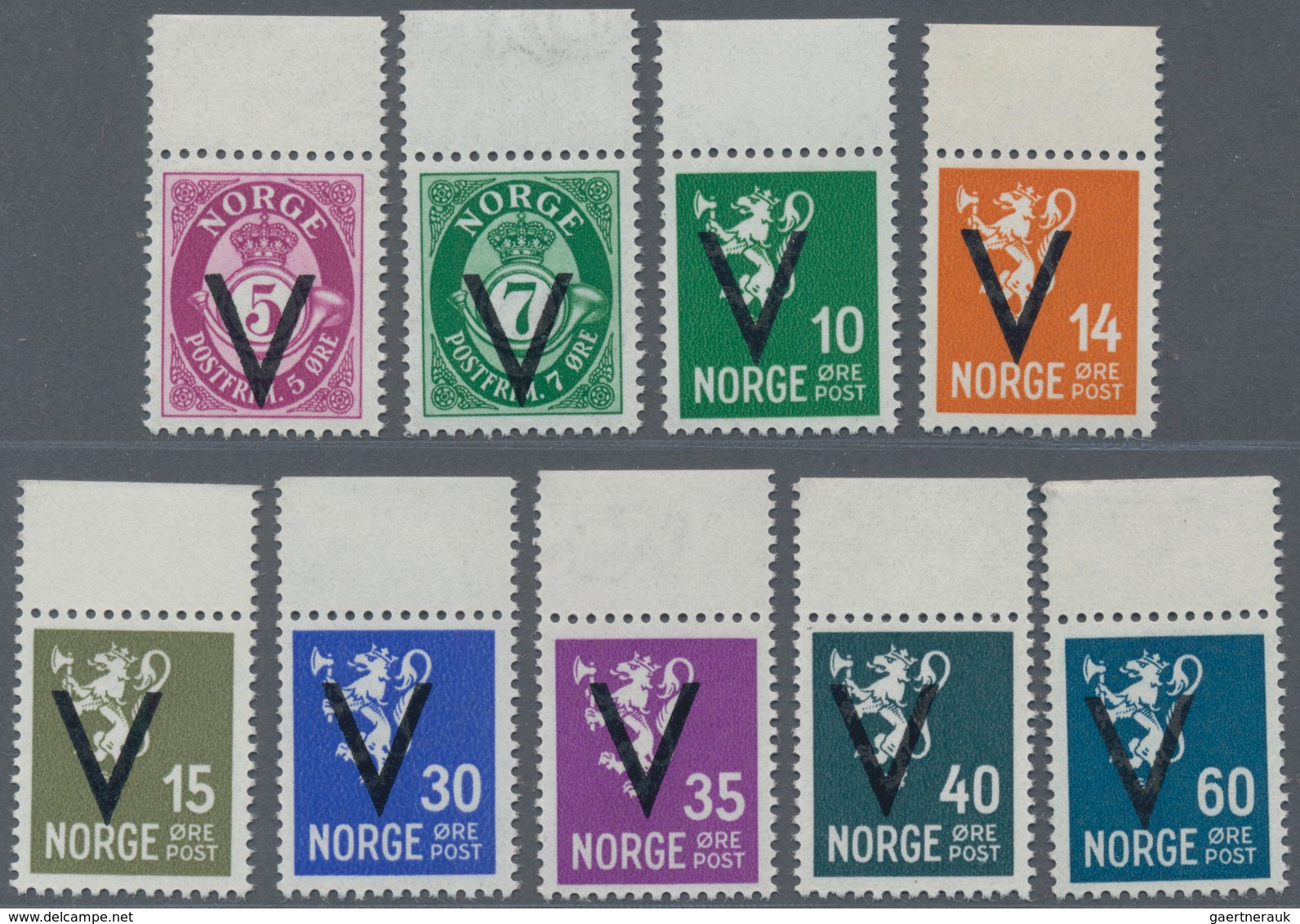 Norwegen: 1941, Definitives With Opt. 'V' (Victory Issue) WITH Watermark Nine Different Stamps (5öre - Usati