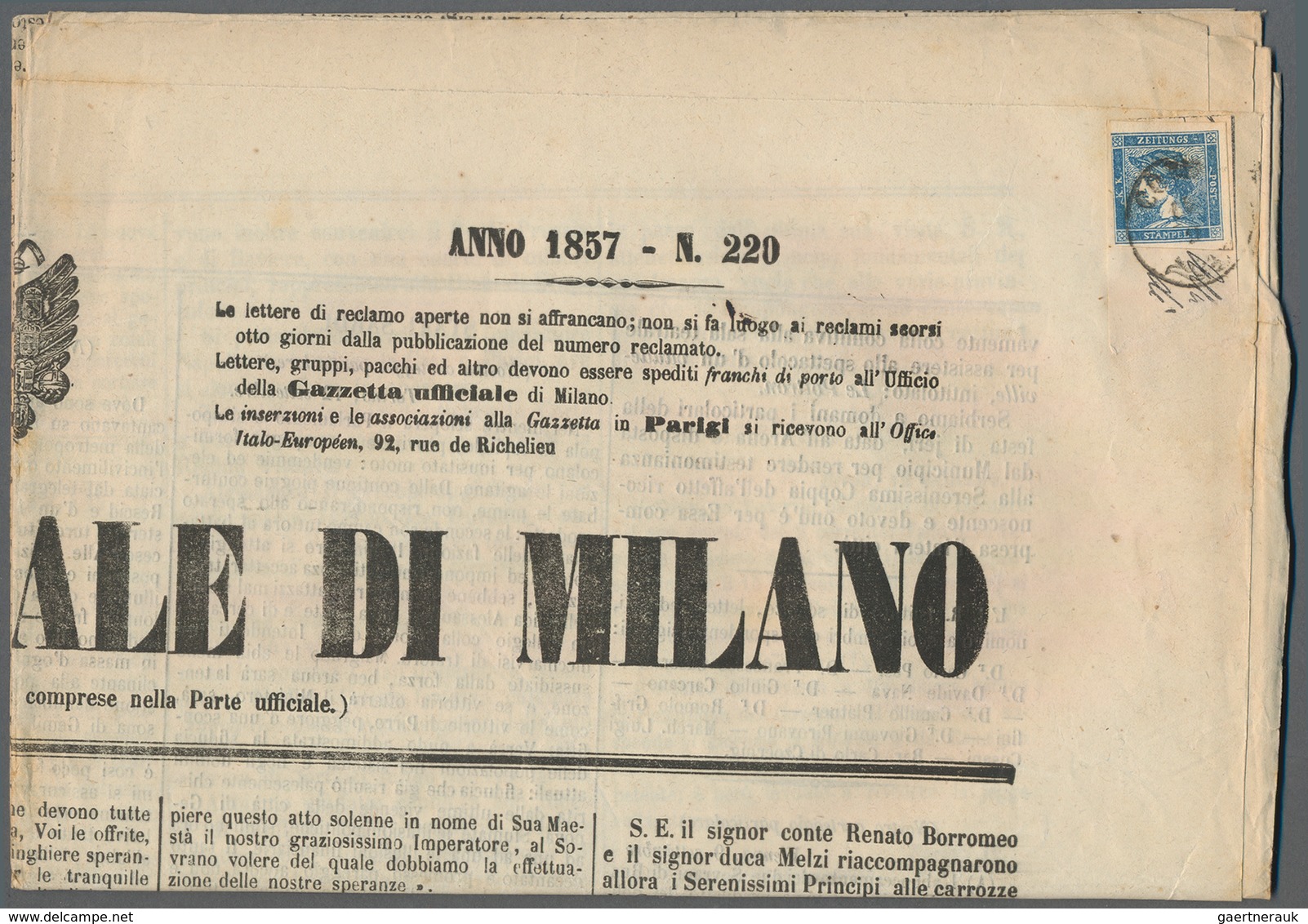 Österreich: 1851, Konvolut Mit 10 Kompletten Zeitungen "GAZZETTA UFFICIALE DI MILANO" Aus Den Jahren - Colecciones