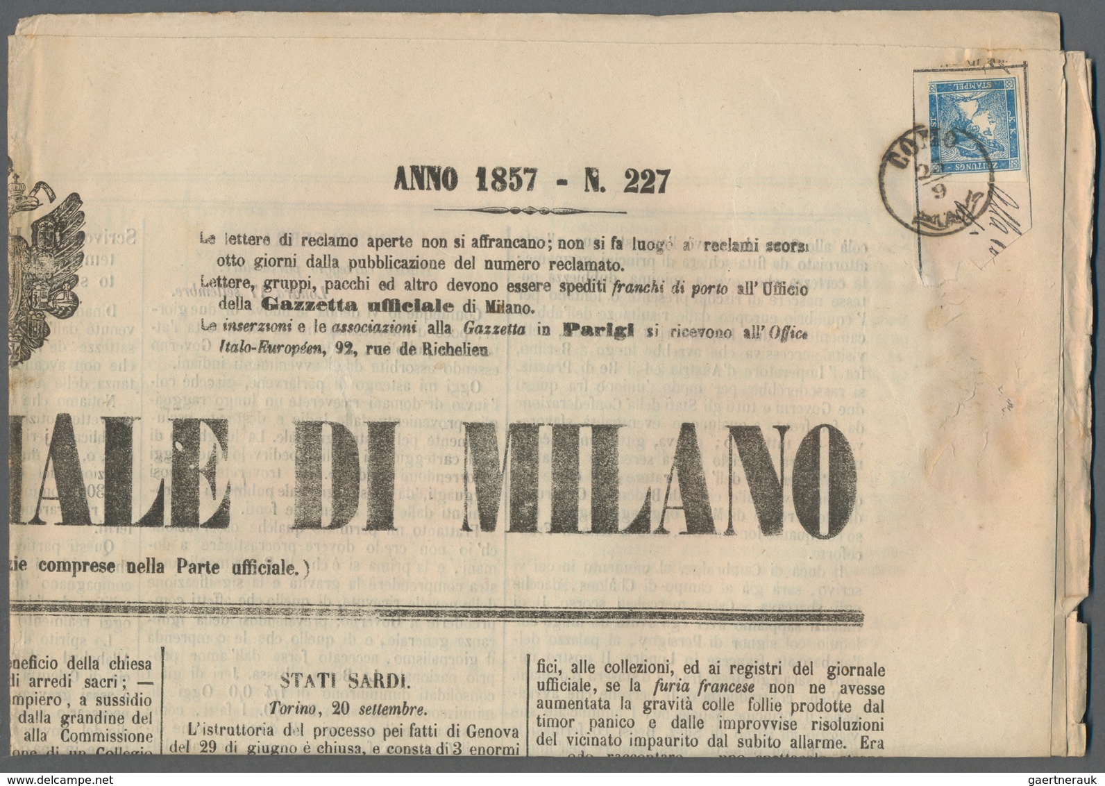 Österreich: 1851, Konvolut Mit 10 Kompletten Zeitungen "GAZZETTA UFFICIALE DI MILANO" Aus Den Jahren - Colecciones