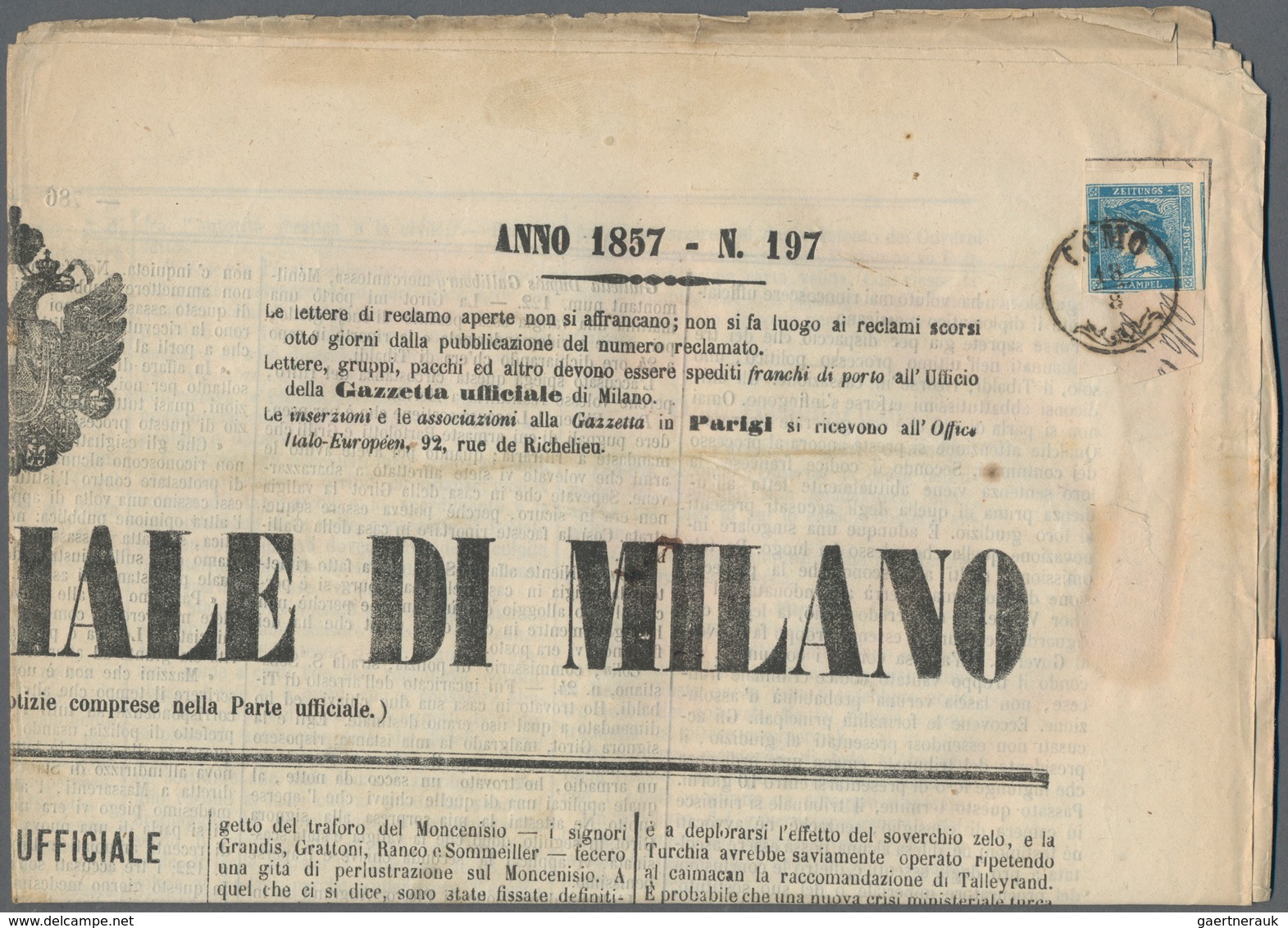 Österreich: 1851, Konvolut mit 10 kompletten Zeitungen "GAZZETTA UFFICIALE DI MILANO" aus den Jahren