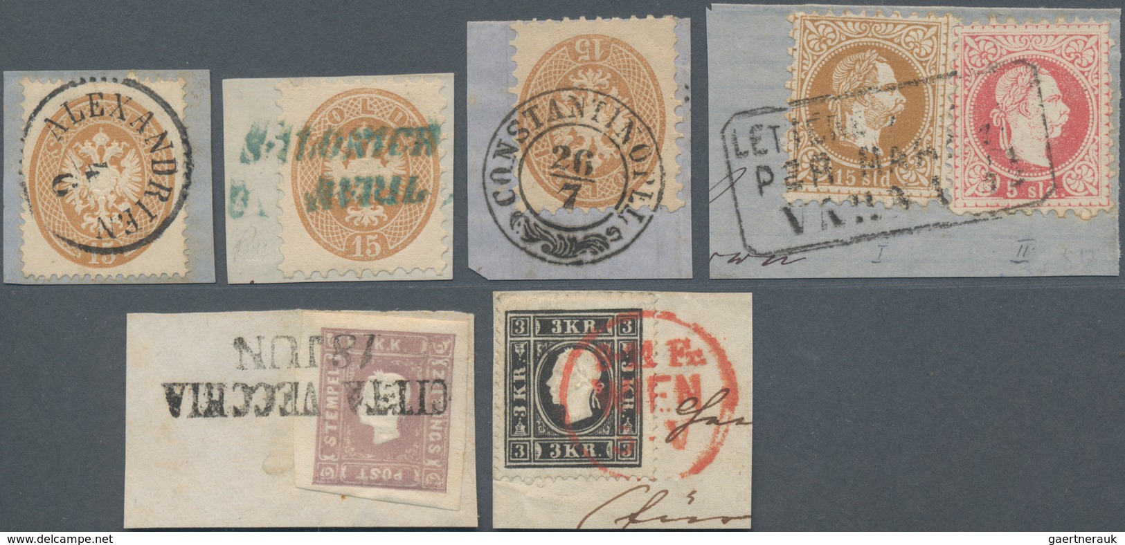 Österreich: 1858/1867 (ca.), Lot Von Sechs Briefstücken Mit Sieben Marken, Dabei MiNr. 11 II (Befund - Sammlungen