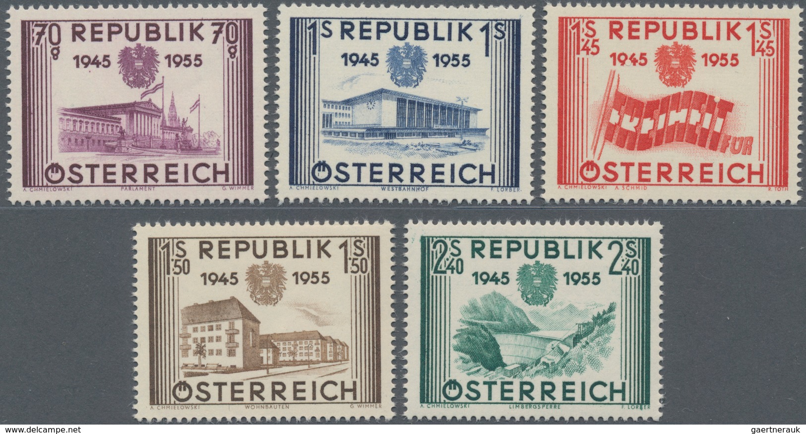 Österreich: 1955, 10 Jahre Republik Bestand Von 200 Kompletten Sätzen Dabei Auch Etliche Viererblock - Sammlungen