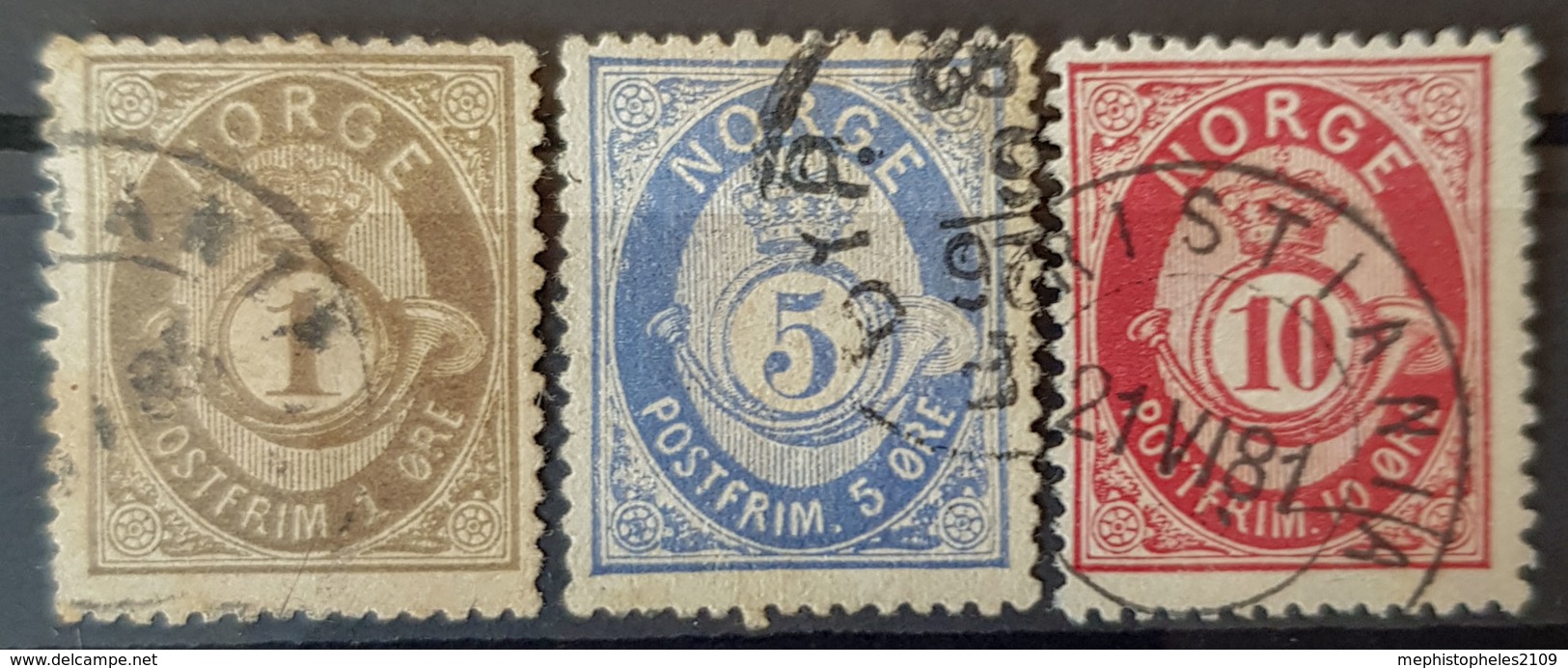 NORWAY 1877/78 - Canceled - Sc# 22, 24, 25 - 1o 5o 10o - Used Stamps