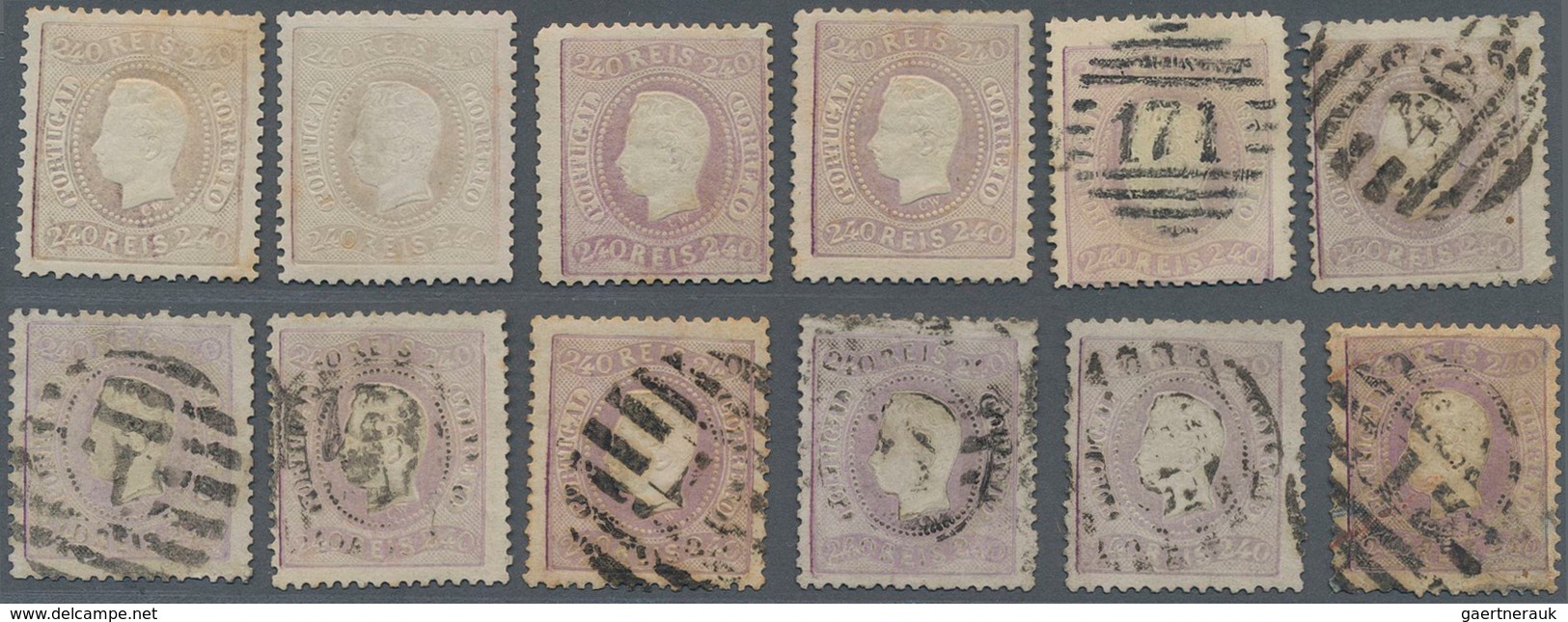 Portugal: 1870, Luis I. "Fita Curva" Perforated 240 R. Purple, Lot Of Four Unused And Eight Used Cop - Otros & Sin Clasificación