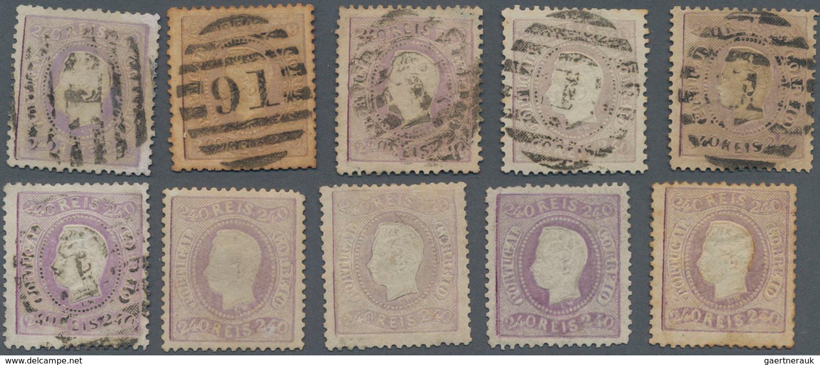 Portugal: 1870, Luis I. "Fita Curva" Perforated 240 R. Purple, Lot Of Four Unused And Six Used Copie - Otros & Sin Clasificación