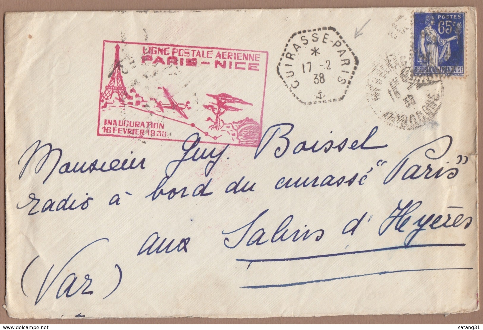 INAUGURATION DE LA LIGNE POSTALE AÉRIENNE PARIS-NICE 1938.LETTRE ADRESSÉE AU RADIO A BORD DU CUIRASSE "PARIS". - Briefe U. Dokumente